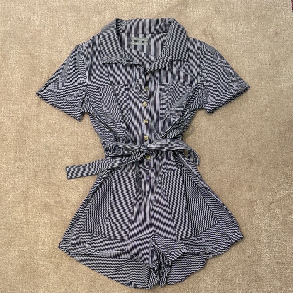 Urban Outfitters Navy and White Striped Short Sleeve Romper